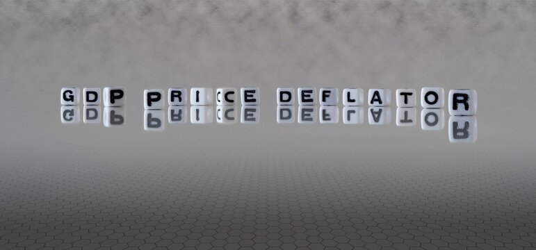 gdp price deflator word or concept represented by black and white letter cubes on a grey horizon background stretching to infinity