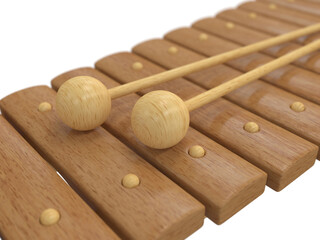 Two sticks and a wooden xylophone close-up, 3d render