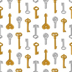 Old Keys Hand Drawn Seamless Pattern. Gold and Silver Vintage Keys Vector Background