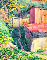 Watercolor landscape. Road to barn