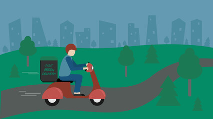 Courier on scooter deliver food In city. Fast ecological green food delivery service, motorbike driver courier. Vector illustration in flat style