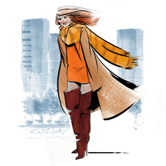 Fashion Illustration of a young red haired woman dressed in winter fashion with a warm coat, scarf and over the knee boots.