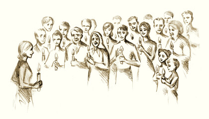 Fototapeta na wymiar People with candles in their hands. Pencil drawing