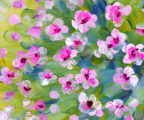 Oil painting. Lush bouquet of bright pink flowers