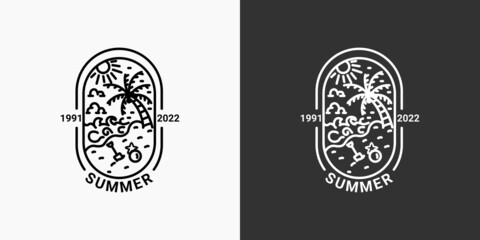 Simple summer logo with lines, beach icon in a minimal linear style, available in black and white, coconut tree, sea, sun