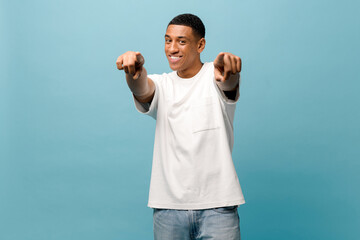 Hey you. Headshot of cheerful serene carefree young African-American man in casual white t-shirt...