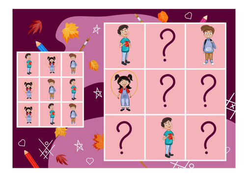 Puzzle with children. Children's scanword. Vector stock illustration. Memory training. Cartoon. Pink background