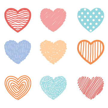 Set of different doodle heart, vector illustration