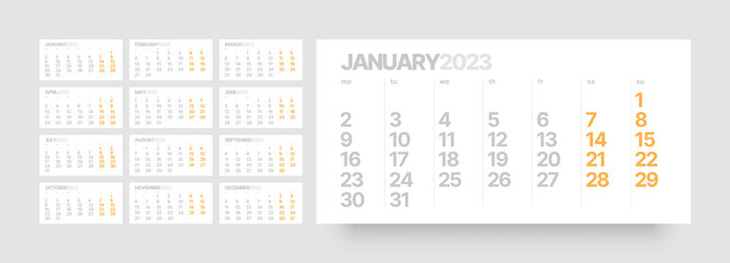 Monthly calendar template for 2023 year. Week Starts on Monday. Desk calendar in a minimalist style. 