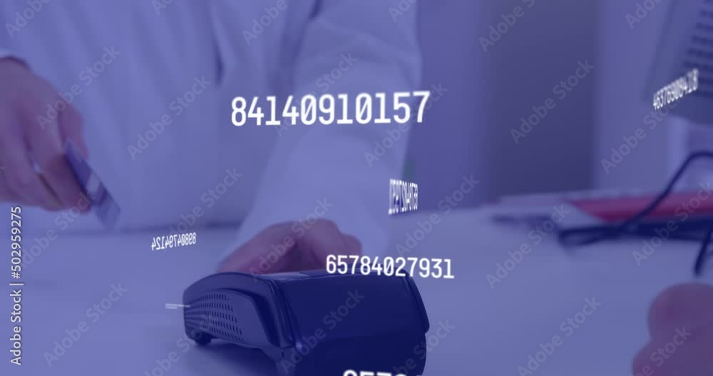 Poster animation of numbers changing over caucasian man paying with card at terminal