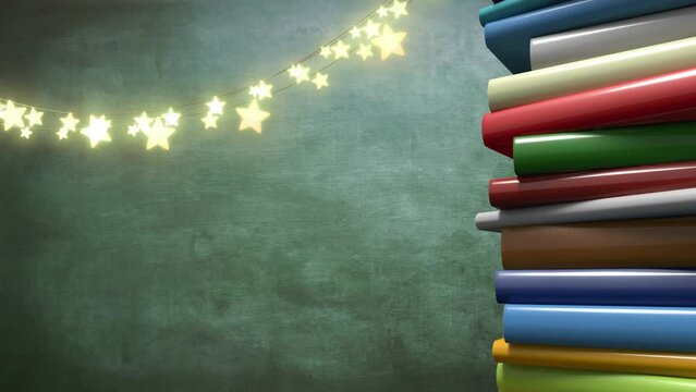 Animation of glowing stars over stack of books
