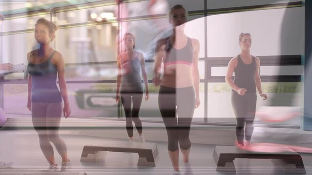 Animation of diverse women exercising in class over person running on treadmill