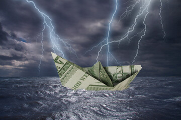 Paper boat made from a One Dollar note almost capsizes in high waves and bolt of lightning over...