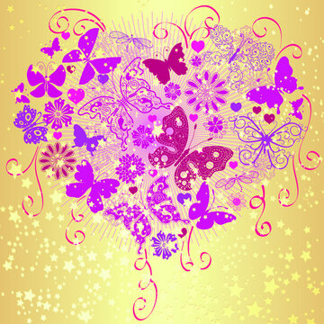 Valentine greeting gold card with big heart from red and pinr butterflies. Vector eps 10 