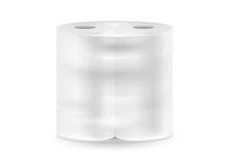 Paper towels package isolated on white background. Vector realistic Mockup. Two White napkin rolls in polythylene transparent wrapping. Blank template.  EPS10.