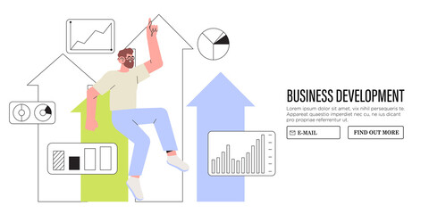 Stock market rebound, business growth, development and gain profit or leadership and achievement concept, businessman jump or fly high following rising up performance arrow graph.