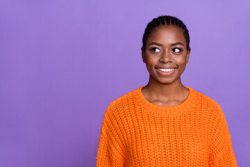 Photo of young lovely woman wonder look empty space idea imagination isolated over purple color background