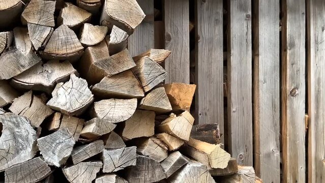 The man stacks firewood. Stacked firewood 