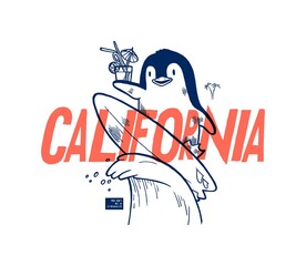 Penguin surfing. Cute antarctic penguin character holding cocktail and riding the wave. California surfing typography silkscreen t-shirt print vector illustration.