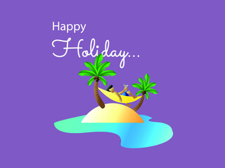 3D man relax in small island drinking in summer holiday with coconut trees isolated in purple vector illustration