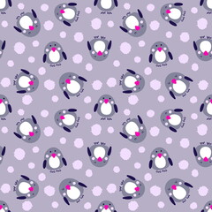 Hand drawn summer seamless pattern with penguins and drops. Perfect for T-shirt, textile and print. Doodle style illustration for decor and design.