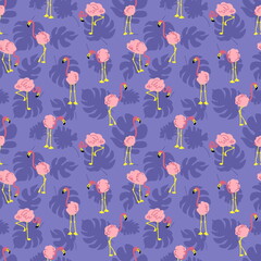 Fototapeta na wymiar Exotic summer seamless pattern with flamingo and monstera leaves. Perfect for T-shirt, textile and print. Hand drawn illustration for decor and design.
