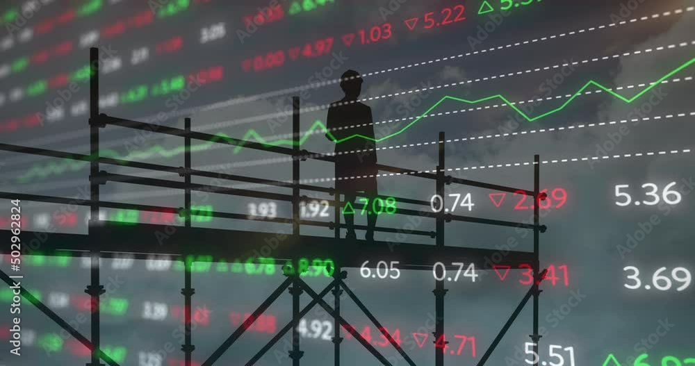 Poster animation of female architect on scaffolding with financial data processing and statistics