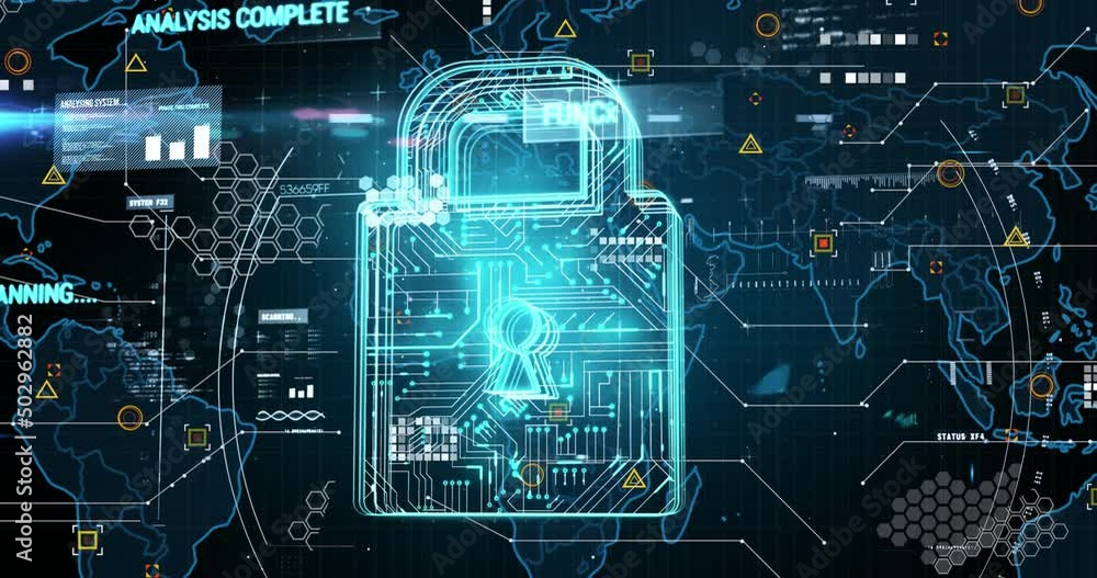 Aufkleber animation of online security padlock, markers and data processing over world map