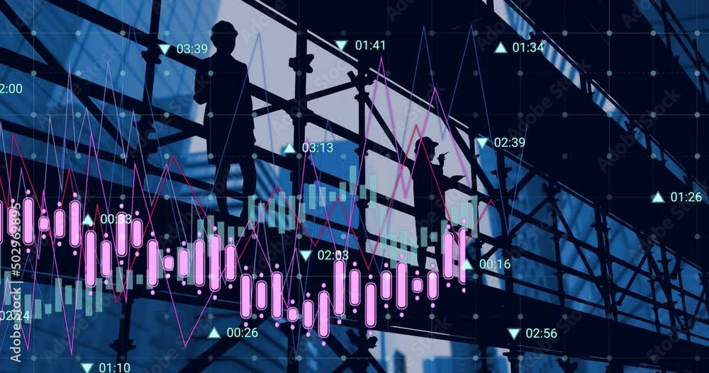 Poster animation of female architect on scaffolding, financial data processing and statistics