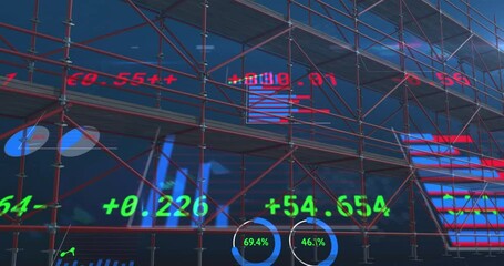 Animation of financial data processing over scaffolding - Powered by Adobe