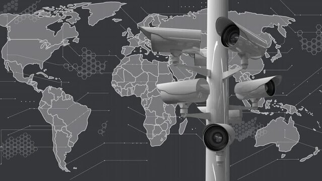 Animation of cctv cameras and data processing over world map
