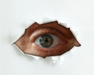 Spy eye peeking through a hole in the paper. Eye looking through a hole in a white empty paper...