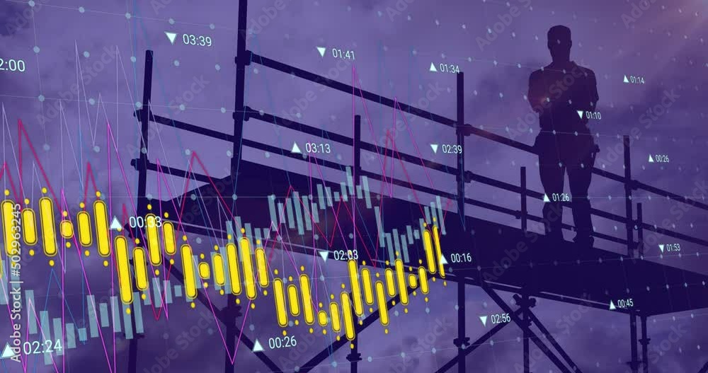 Poster animation of architect on scaffolding, financial data processing and statistics