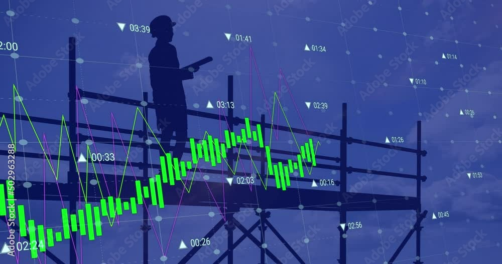 Poster animation of female architect on scaffolding, financial data processing and statistics