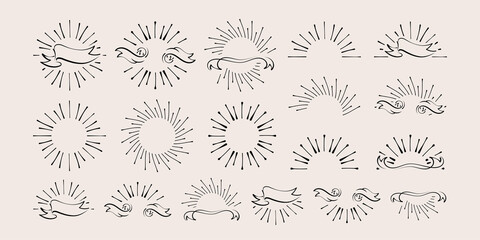 Burst rays with ribbon doodle set. Sunburst beam vector design element.