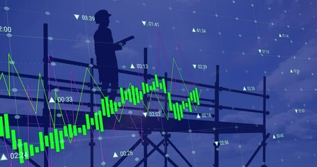 Animation of female architect on scaffolding, financial data processing and statistics - Powered by Adobe