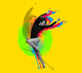 Creative artwork with stylish contemp dancer, beautiful woman dancing isolated on bright yellow...