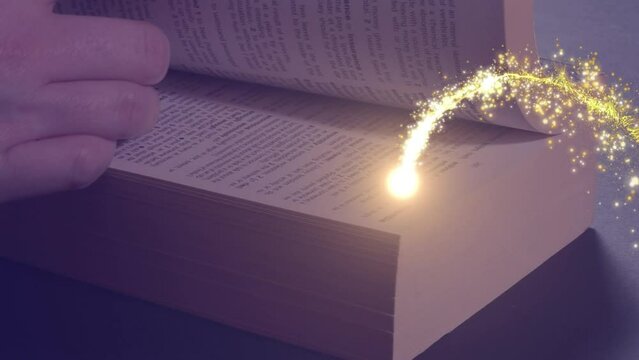 Animation of glowing shooting star over person checking and reading book