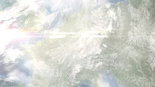 Earth zoom in from outer space to city. Zooming on Kaiserslautern, Germany. The animation continues by zoom out through clouds and atmosphere into space. Images from NASA