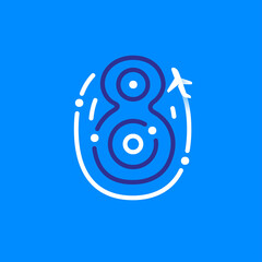 Number eight logo made of fingerprint with plane and airplane trail. Blue and white line icon.