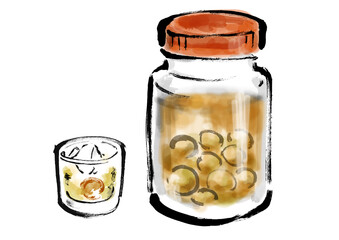 瓶で漬けた梅酒とグラスに入った梅酒の手描き和風イラスト