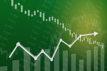 Finance green background with candlestick, column, arrow and graphs. Financial market concept. 3D render, soft focus