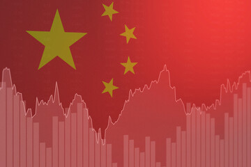 Finance graphs on Chinese flag background with lines and columns. Stock market concept