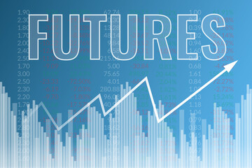 Creative finance graph with word Futures on blue background with columns, number, arrow. Financial market concept