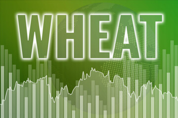 Price change on trading Wheat futures on green finance background from graphs, charts, columns, globe map. Trend up and down. Financial derivatives market concept