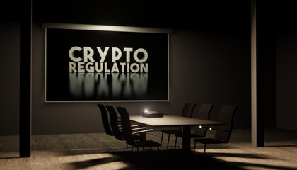 Empty dark office with data projector screen on the wall showing crypto regulation text. Fictional 3D render illustration of boardroom and blockchain regulation presentation on screen.