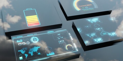 Data chart technology screen with different charts and infographics. Reflection of sky and clouds. 3d rendering illustration.