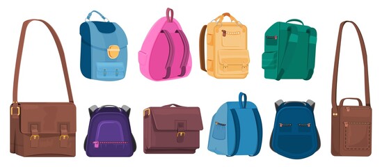 Set of colorful children's backpacks and bags, front and back, cartoon style.