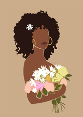 Black Afro curly hair woman holding flowers. Abstract Summer Girl Boho Portrait. 