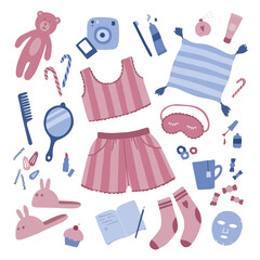 Fototapeta na wymiar Vector set of isolated girly stuff. Pajama party. Flat graphics. Pink and blue colors. 
